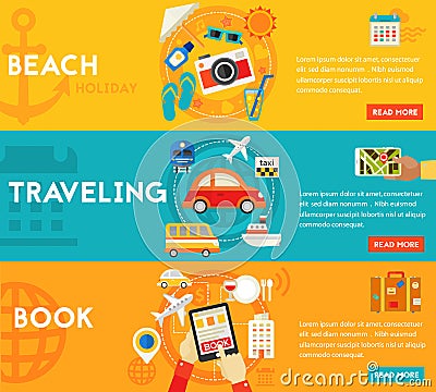 Traveling Concepts - Beach, Sightseeing, Searching and Booking, Tourism. Flat material horizontal banners Vector Illustration