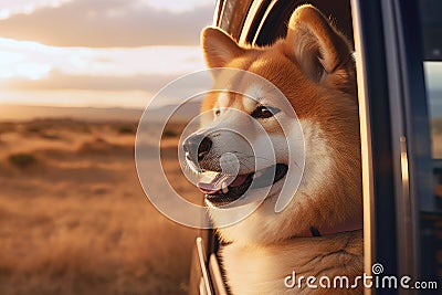 Traveling with a cute Akita Inu dog by car Stock Photo