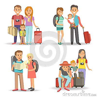 Traveling family children summer holiday tourism vacations vector flat icons Vector Illustration