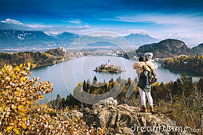 Traveling family looking on Bled Lake, Slovenia, Europe Stock Photo