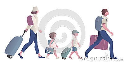 Traveling family with suitcases, backpacks and trolleys Stock Photo