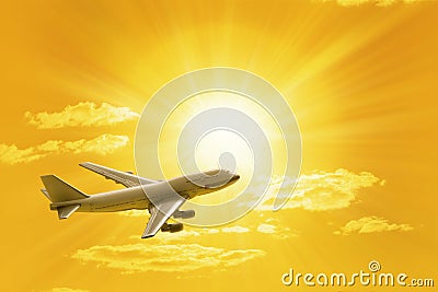 Traveling Flying Airplane Sunset Sky Stock Photo