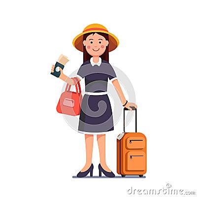 Traveling girl holding passport, tickets in hand Vector Illustration