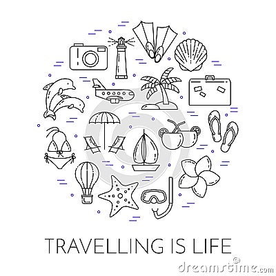 Traveling horizontal banner with palm on island, airplane, sailboat, beach, vacation icons Vector Illustration