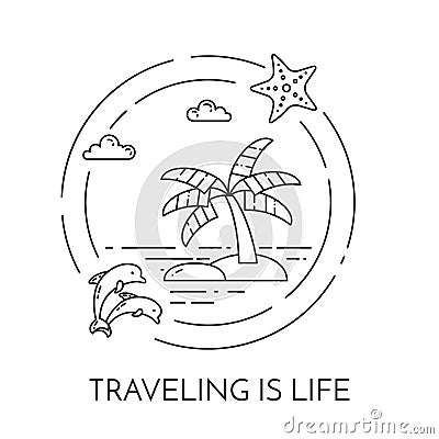 Traveling horizontal banner with palm on island, starfish, dolphins, beach in circles for trip, tourism, travel agency, hotels car Vector Illustration