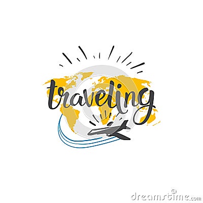 Traveling Icon World Tour Hand Drawn Lettering Tourism Adventure Concept Vector Illustration