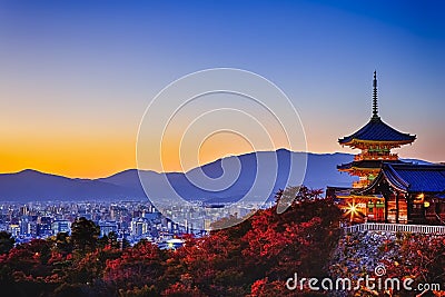 Traveling Through Japan. Amazing Vivid Sunset Over Kiyomizu-dera Temple Pagoda With Kyoto City Skyline in Background in Japan Stock Photo