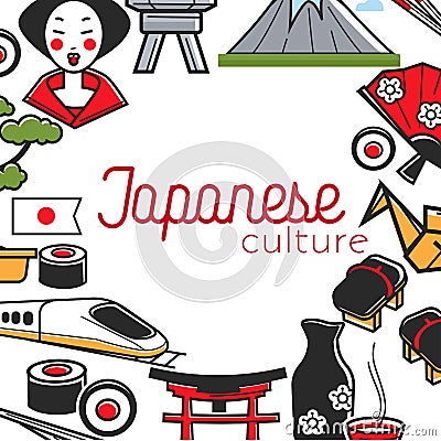 Traveling Japanese culture Japan symbols frame tourism Vector Illustration