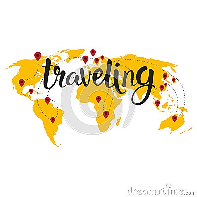 Traveling Lettering Over World Map Background Hand Drawn Tourism Adventure Concept Vector Illustration