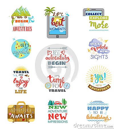 Traveling lettering vector adventure sign and journey typographic print illustration set of trip inspirations to travel Vector Illustration