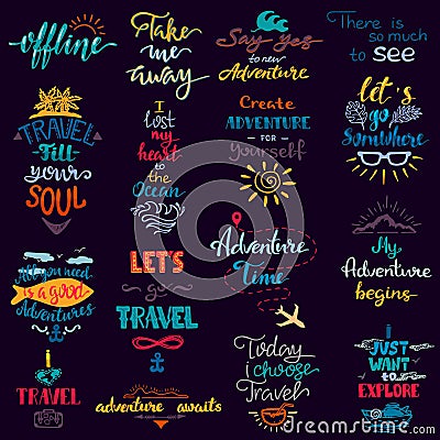 Traveling lettering vector adventure sign and journey typographic print illustration set of voyage tour trip Vector Illustration