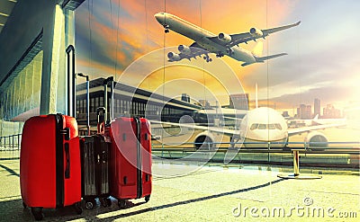 Traveling luggage in airport terminal building and jet plane fly Stock Photo