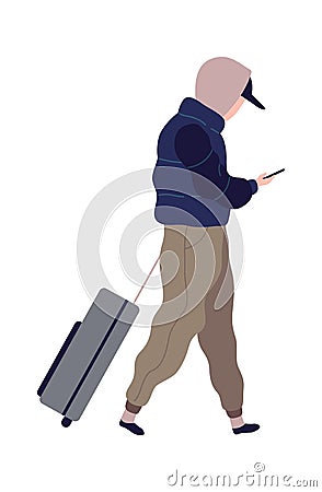 Traveling man with suitcase. Cartoon male character in airport terminal with bag and smartphone. Passenger waiting for Vector Illustration