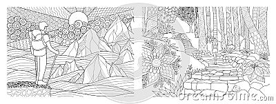 Traveling in nature adult coloring pages collection. Vector illustration Vector Illustration