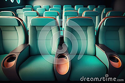 turquoise cinema seat row with scree, generative AI Stock Photo