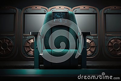 Traveling over turquoise cinema seat row with scree, generative AI Stock Photo