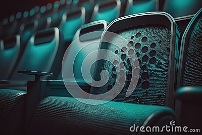 Traveling over turquoise cinema seat row with scree, generative AI Stock Photo