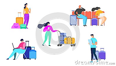 Traveling People with Baggage Flat Vector Set Vector Illustration