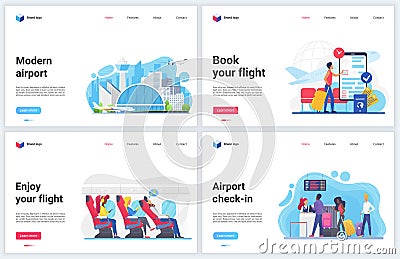 Traveling by plane vector illustrations, cartoon flat website interface with traveler tourist people enjoy travels, book Vector Illustration