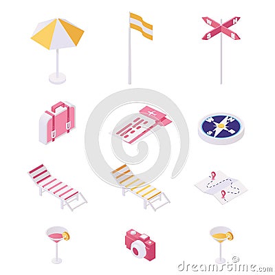 Traveling, tourist equipment illustration set. Beach day items, essentials for tourists and foreign travelers isometric Vector Illustration