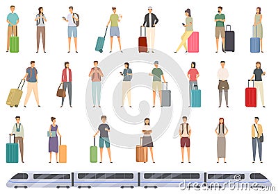 Traveling by train icons set cartoon vector. Station driver Vector Illustration