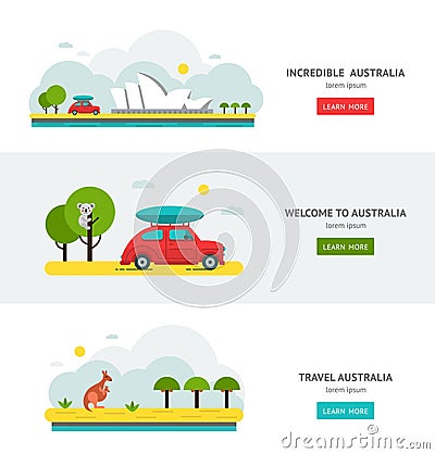 Travell Roads in Australia. Road Trip on Car. Vector Illustration