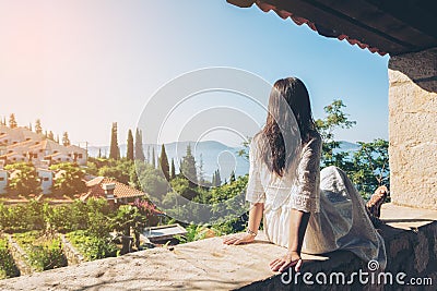 Traveller enjoys scenic view of Trsteno, Croatia. Stock Photo