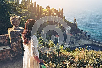 Traveller enjoys scenic view of Trsteno, Croatia. Stock Photo