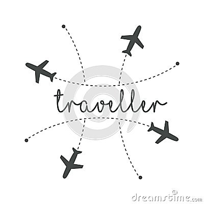 Traveller logo concept. Lettering traveler, with flying airplanes around the inscription. Flying plane along route Vector Illustration