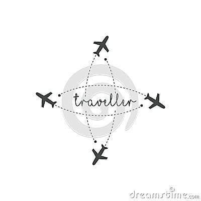 Traveller logo concept. Lettering traveler, with flying airplanes around the inscription. Flying plane along route Vector Illustration