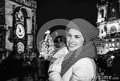 Traveller woman at Christmas on Staromestske namesti in Prague Stock Photo