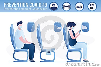 Travellers in protective masks sitting in airplane. Passengers in plane cabin. Coronavirus prevention infographic. Social Vector Illustration