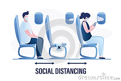 Travellers in protective masks sitting in airplane. Passengers in plane cabin. Coronavirus prevention, social distancing Vector Illustration