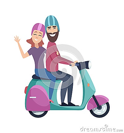 Travellers on scooter. Happy tourists riding motorbike. Isolated flat man woman in helmets vector illustration Vector Illustration