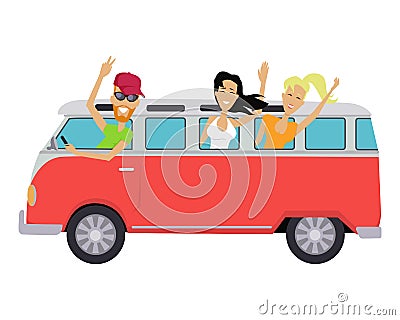 Travelling Conceptual Banner. People Travel by Bus Vector Illustration
