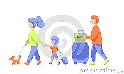 Travelling family with pet and luggage, flat vector illustration. Family leaving to summer vacation. Cartoon Illustration