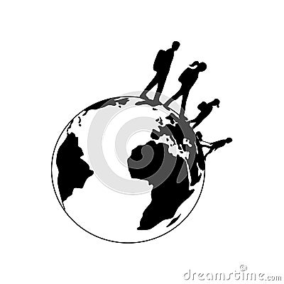 Travelling family silhouettes spinning Planet Earth icon. Man, woman, kids. Simple Flat monochrome icon Vector Illustration