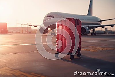 Travelling luggage in the airport with plane ready to depart. Generative AI Stock Photo