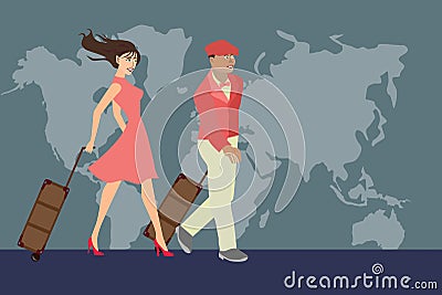 Travelling man and woman couple vintage retro style with baggage in pink dress in front of the World map Vector Illustration