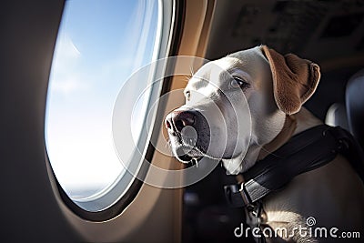 Travelling with pet. Cute long haired dog near window in airplane Stock Photo