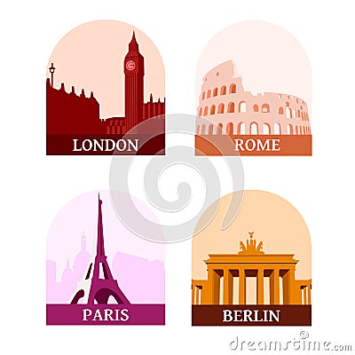 Travelling sights of the famous european cities: London, Paris, Berlin and Rome Vector Illustration