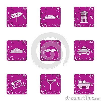 Travelling to miami icons set, grunge style Vector Illustration