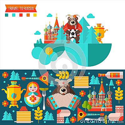 Travelling to Russia. Flat illustration. Set of clipart on the Russian theme Vector Illustration