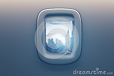 Travelling, vacation and business trip concept with city skyscrapers from illuminator. Stock Photo