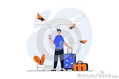 Travelling web concept with character scene. Man with suitcase waiting for flight on vacation in airport. People situation in flat Vector Illustration