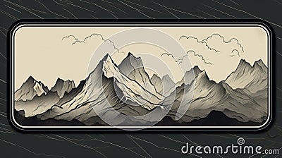 Travelog Themed Rectangular Label With Mountain Silhouette On World Map Background Stock Photo