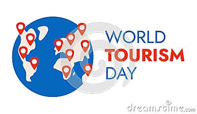 Travels on Earth. Holiday World Tourist Day. Location on the planet. Directions for travel. Flight routes. Red Pins Vector Illustration