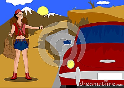 She travels, saw the car and raised his hand to stop, that it was planted Vector Illustration