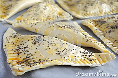 A travy full with ready to be cook Triangular Burekas Stock Photo