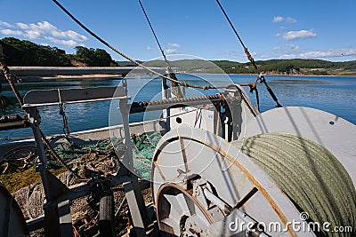 Trawl winch on board the fishing vessel. Stock Photo